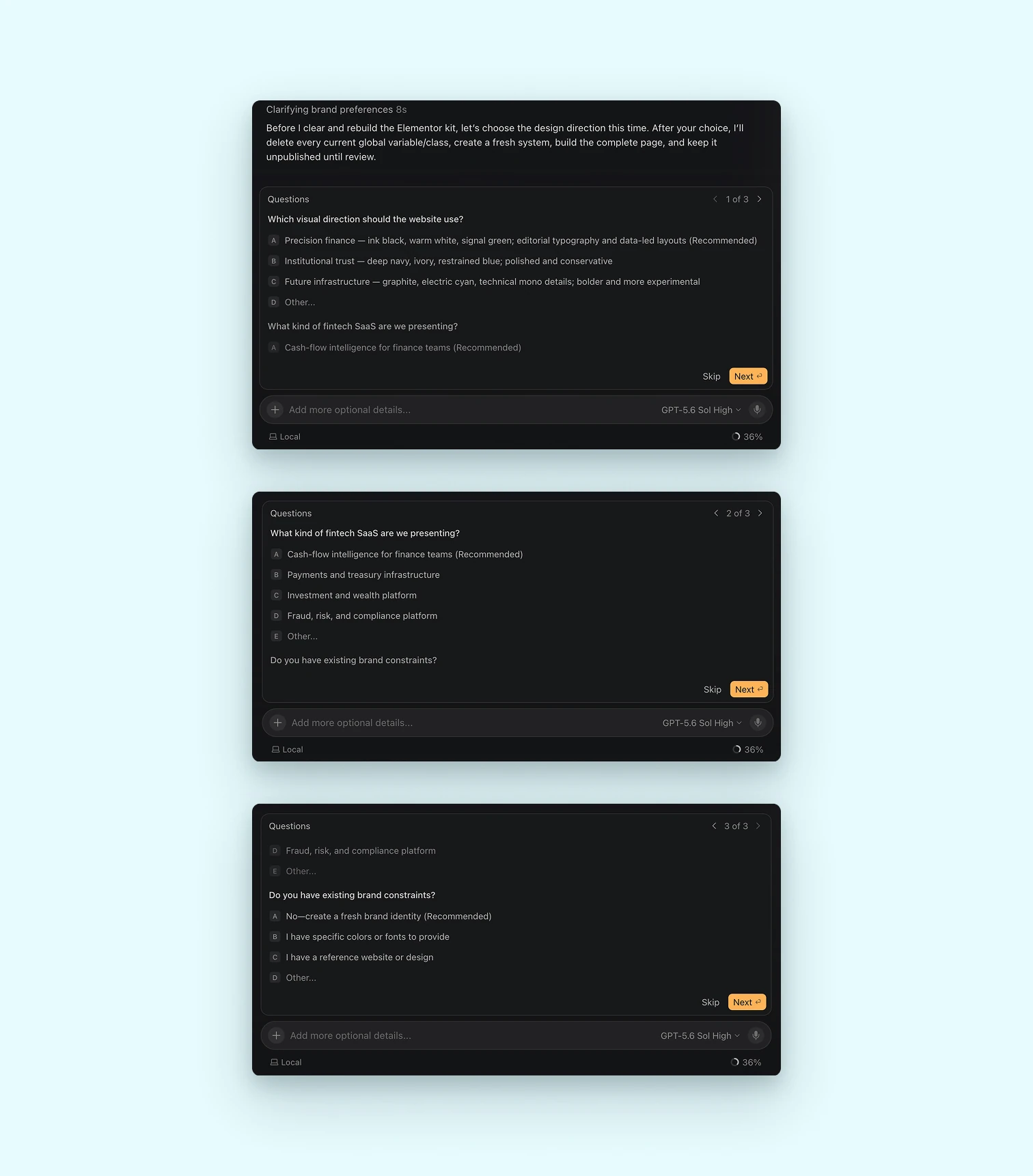 A conversational sequence asking about visual direction, business context, brand constraints, and confirming the selected direction